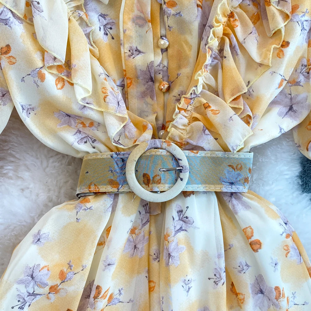 Summer Women Fashion Floral Print Casual Midi Dress Short Sleeve A-Line Maxi Boho Holiday Clothes Female Long Robe Mujers New