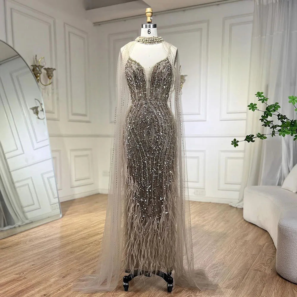 Serene Hill 2024 White Nude Mermaid Wedding Party Dresses with Beaded Feathers Luxury Cape Sleeves Prom Party Gowns LA72047A