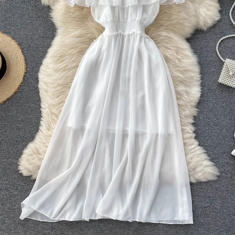 Women Chiffon Beach Dress Sexy Double Layer Ruffled Off The Shoulder Boho Dresses Ladies Sweet Slash Neck Long Dress