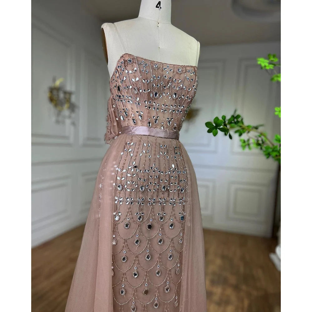 Serene Hill Arabic Caramel Mermaid Strapless With Overskirt Beaded Evening Dresses For Women Wedding Party 2024 LA71922