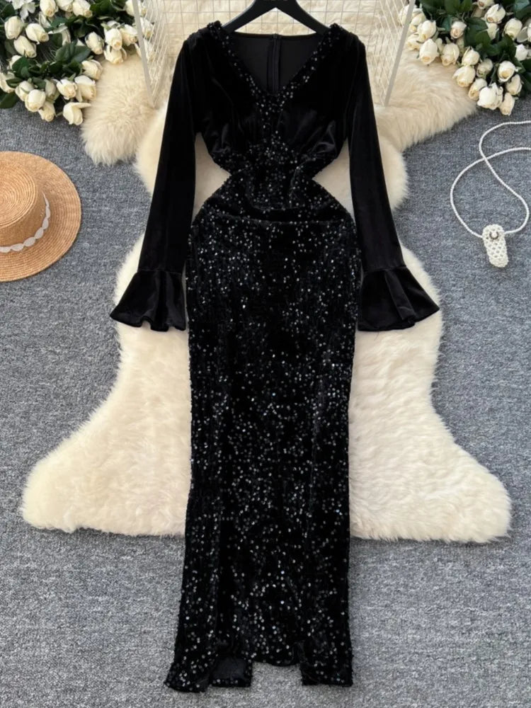 Women's Sexy Velvet Evening Gown Luxury Dresses V-Neck Flare Sleeve Split Long Dress Fashion Slim Robe Birthday Party Autumn New