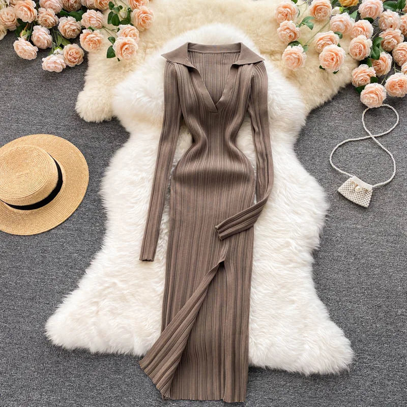 Women Chic Elegant Long Sleeve Split Bodycon Midi Dress Sexy French Fashion Knit Wrap Vestidos Elastic Slim Pencil Sweater Dress