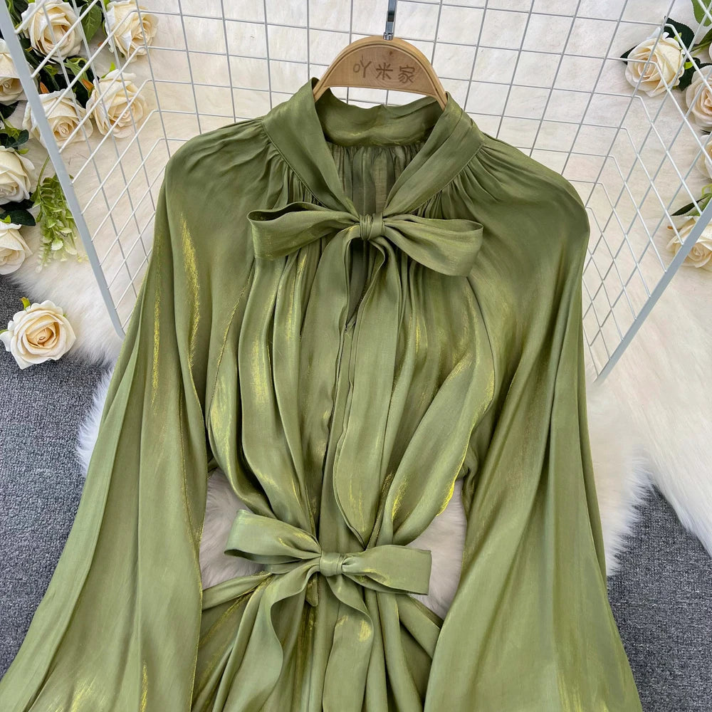 Autumn Elegant Women Fashion Party Long Dress Bow Lace Up Long Sleeve Evening Dresses A-Line Casual Vestidos One Piece Prom Robe