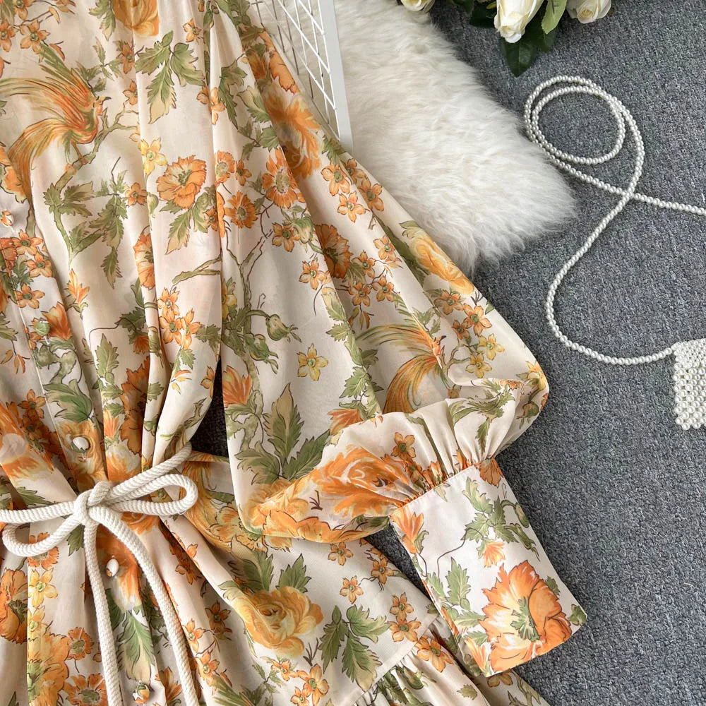 Elegant Party Dresses For Women Stand Collar Vintage Floral Print Dress Long Sleeve Holiday Beach Chiffon Mini Dress With Belt