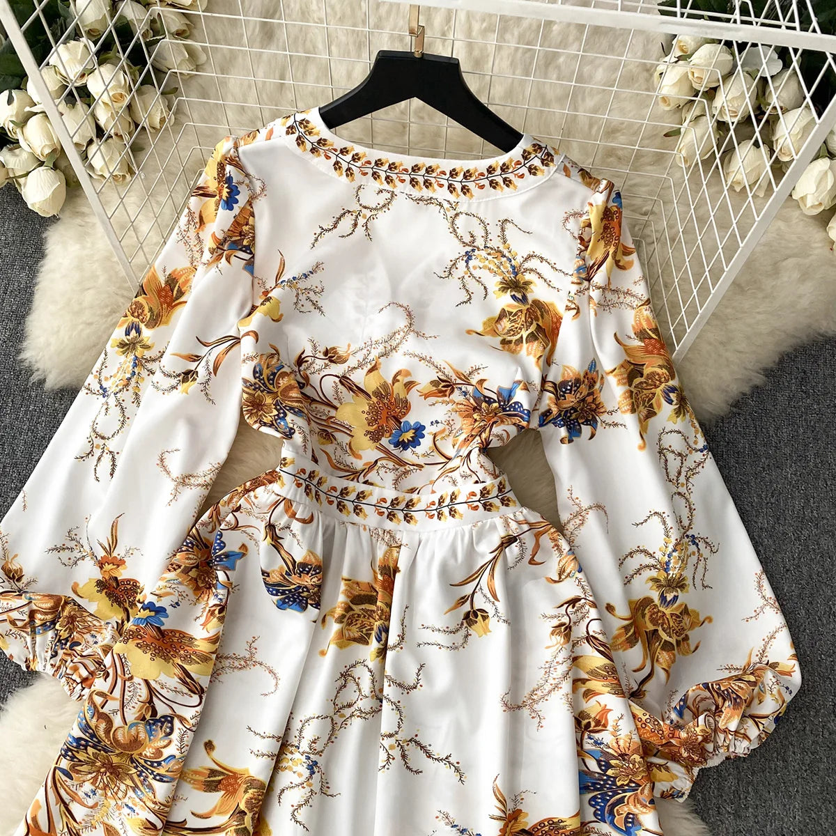 New In Dresses 2023 Fashion Women Clothing Party Elegant Vintage Print Dress Front Button Up V Neck Long Puff Sleeve Mini Dress