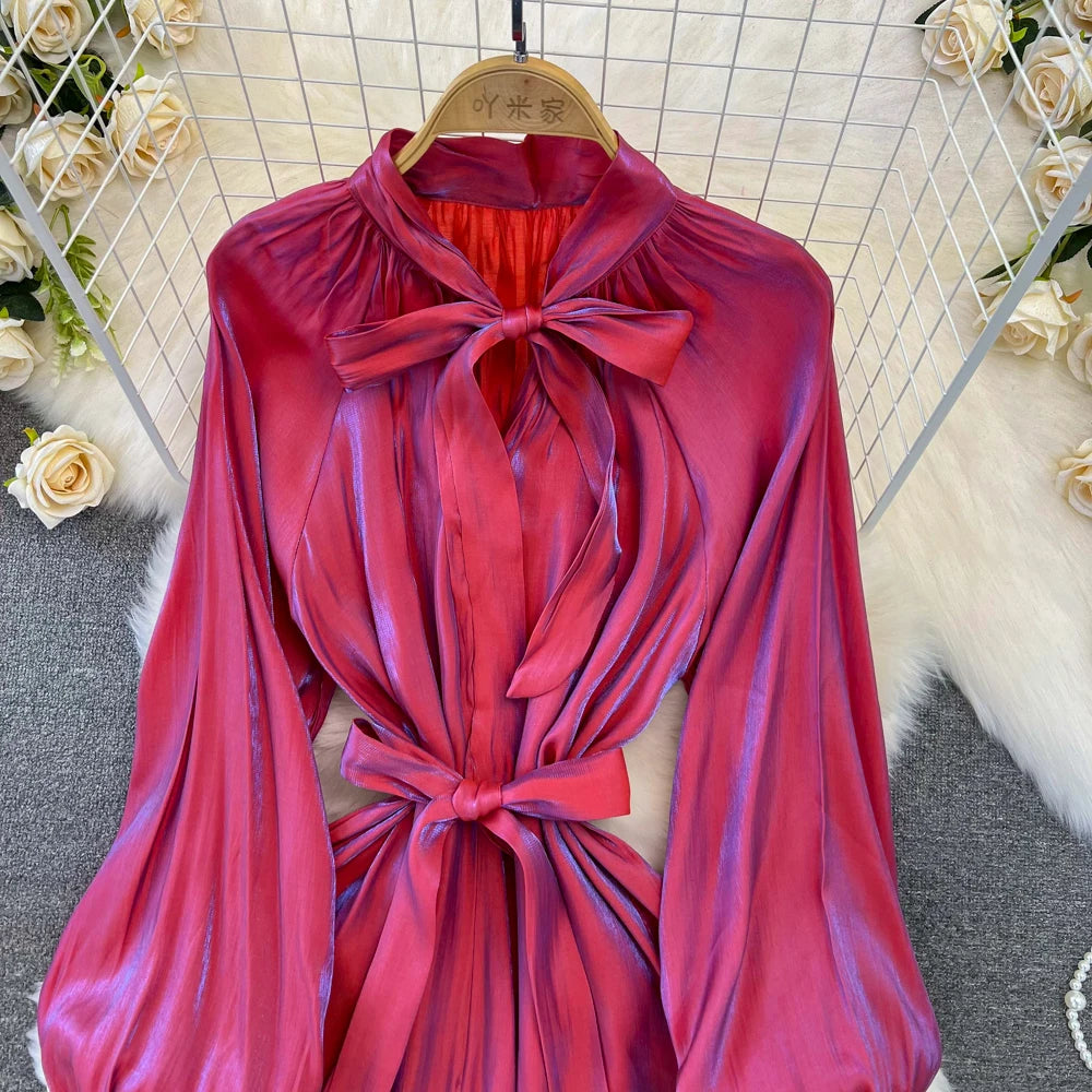 Autumn Elegant Women Fashion Party Long Dress Bow Lace Up Long Sleeve Evening Dresses A-Line Casual Vestidos One Piece Prom Robe