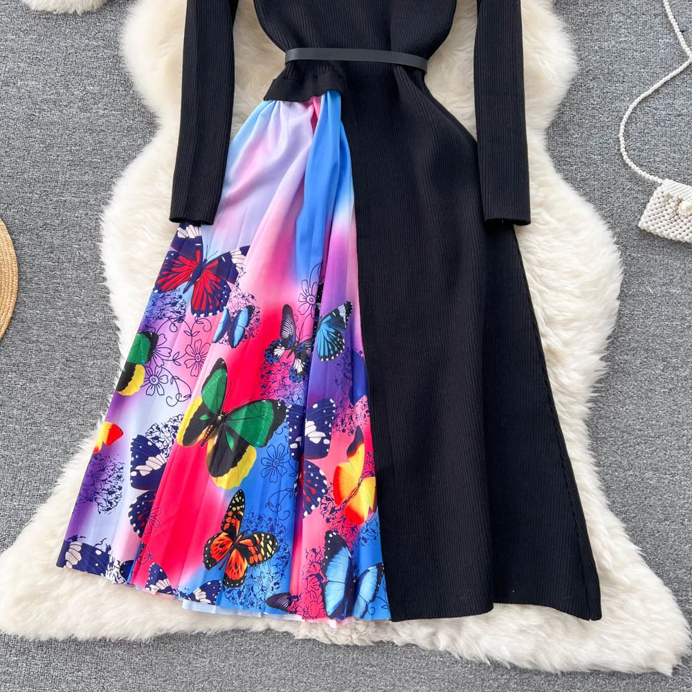 Elegant Chic Print Patchwork Knit Dress French Long Sleeve Party A-line Vestidos High Waist Basic Slim Women Autumn Winter Dress