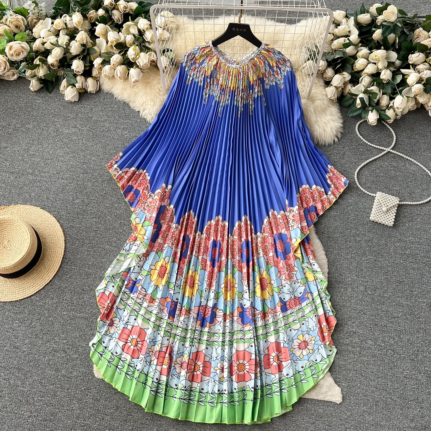 Vintage Print Elegant O-neck Batwing Sleeve Dress A-line Casual Belt Fashion Dress Women Fashion Summer Spring Vestidos