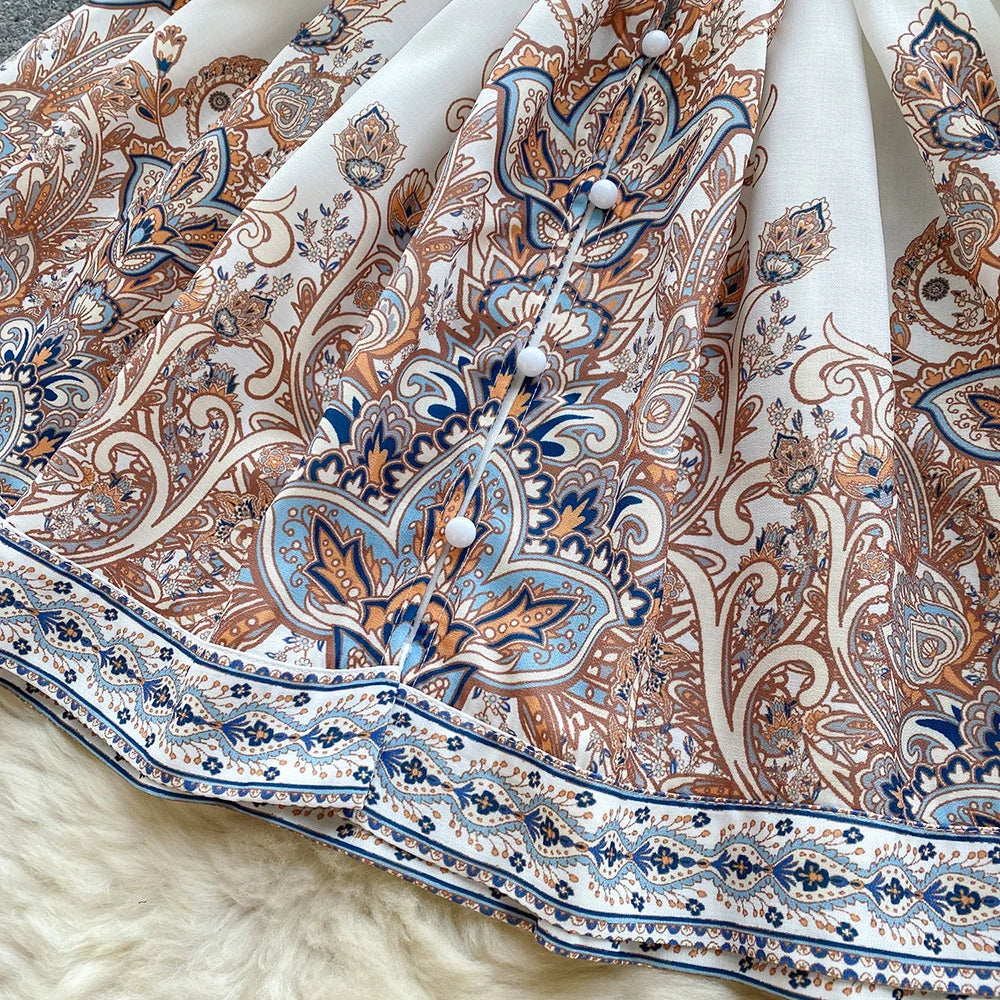 Holiday Dress For Women 2024 Bohemian Vintage Paisley Print Dress Spring 3/4 Sleeve V Neck Elegant Party Short Dresses With Belt