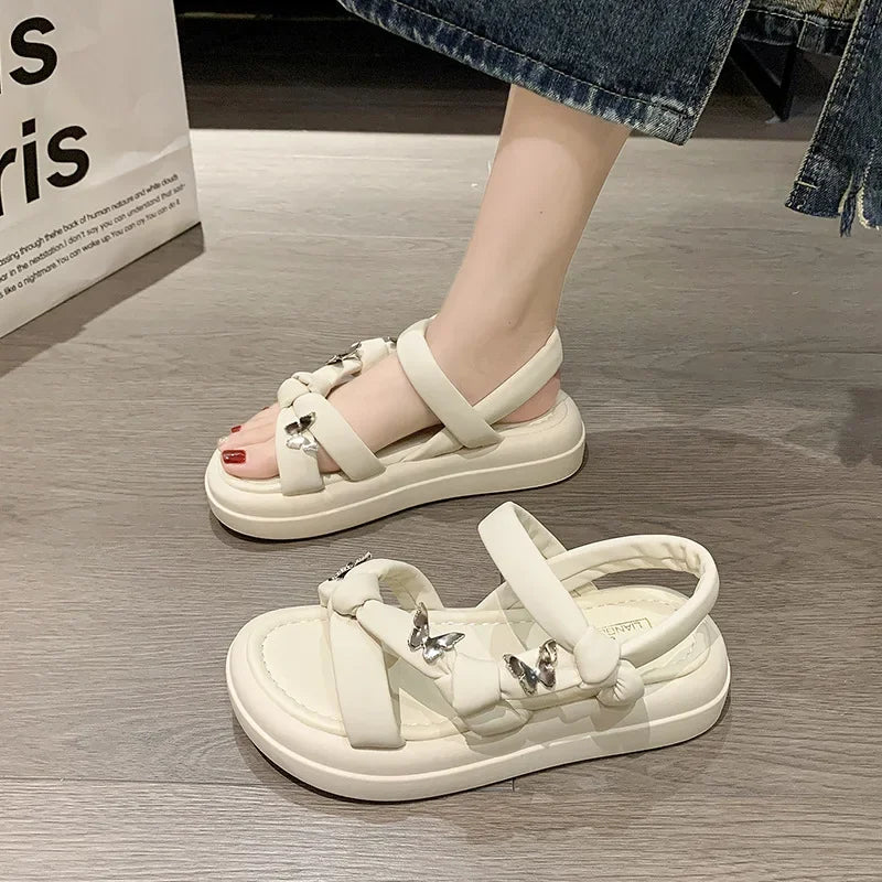 2024 Summer Low Sandals Woman Leather Bow Shoes Clear Heels Soft Low-heeled Comfort Clogs New Girls Fashion Slipper Rome Casual
