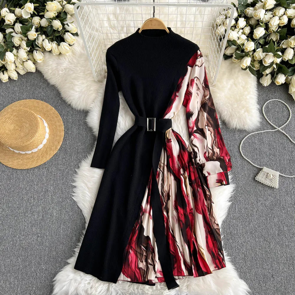 Elegant Chic Print Patchwork Knit Dress French Long Sleeve Party A-line Vestidos High Waist Basic Slim Women Autumn Winter Dress