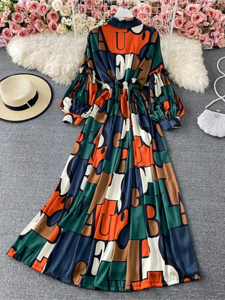 Vintage Women Casual Print Long Party Shirts Dress Elegant Single Breasted A-Line Prom Birthday Clothes Female Fashion Robe New