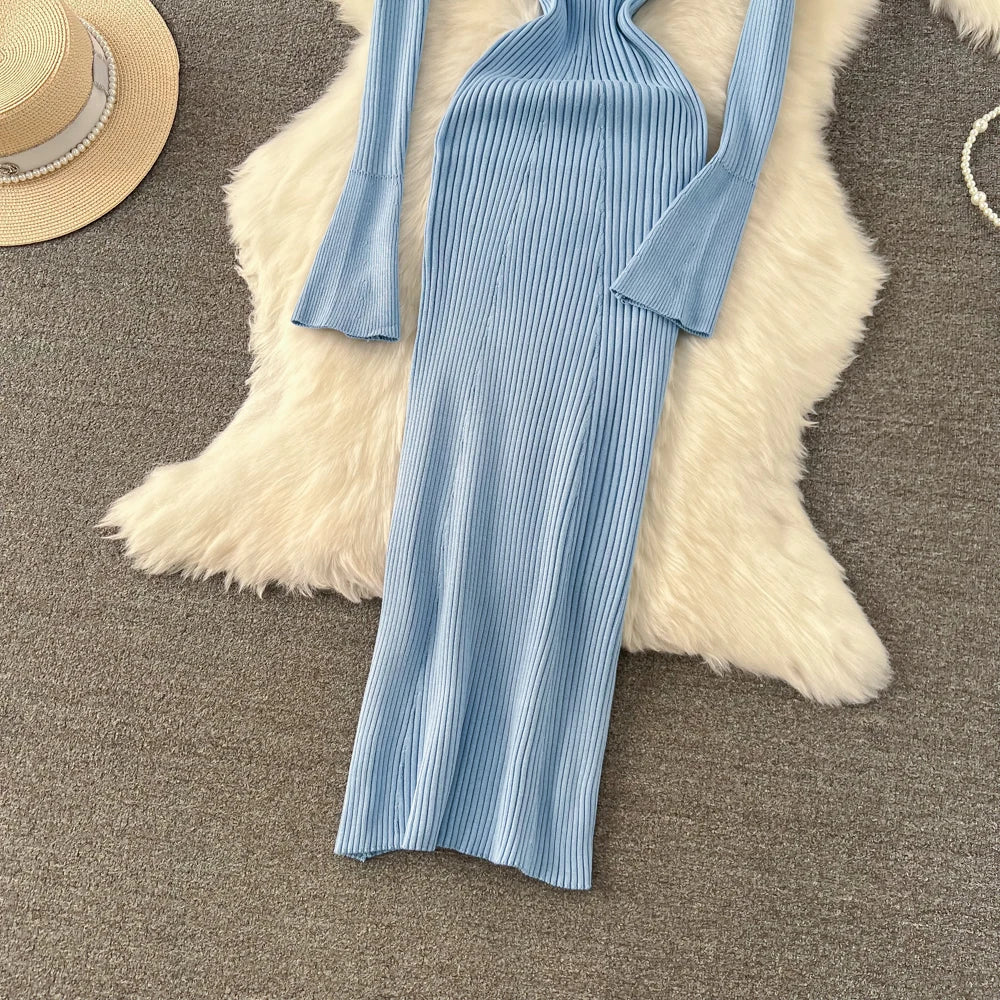 Women Chic Elegant Long Sleeve Bodycon Vneck Dress Sexy French Fashion Knit Wrap Vestidos Elastic Slim Pencil Sweater Dress