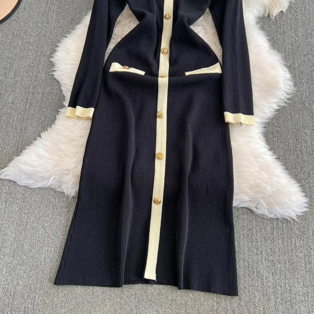 Elegant Women Fashion Casual Bodycon Knitted Dress Vintage Single Breasted Party Birthday Prom Vestidos Female Clothes Long Robe