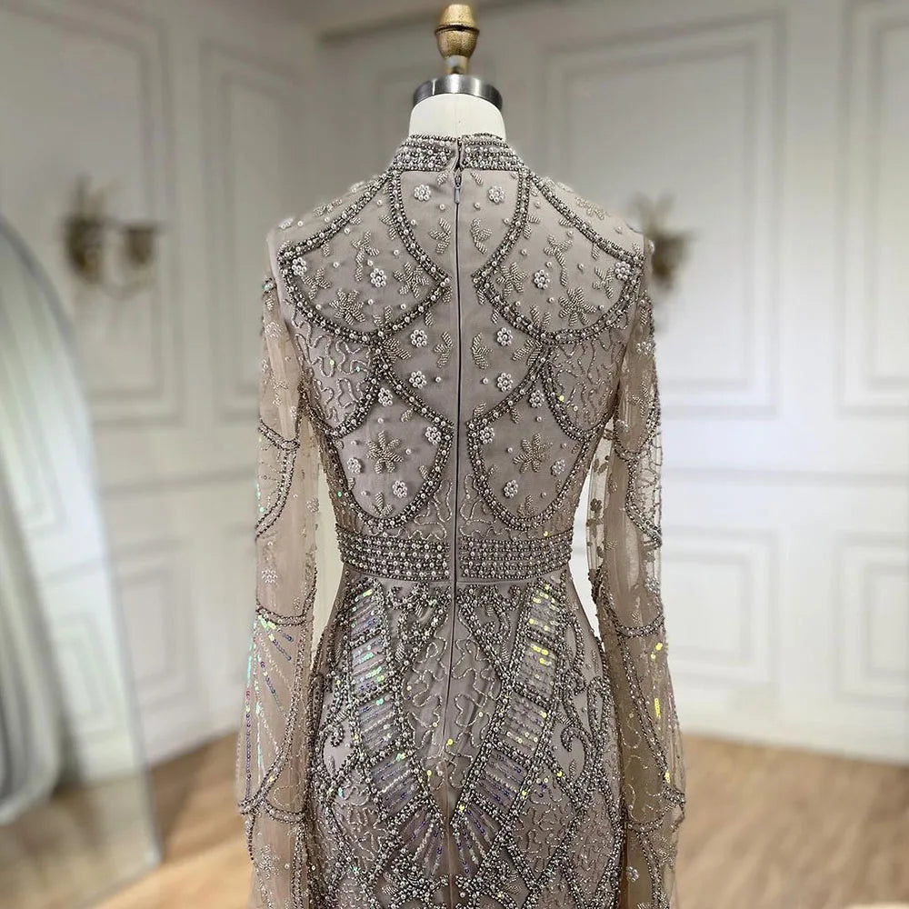 Serene Hill Muslim Grey Mermaid Elegant Nude Cape Sleeve Beaded Luxury Dubai Long Evening Dress 2024 Women's Party LA72316