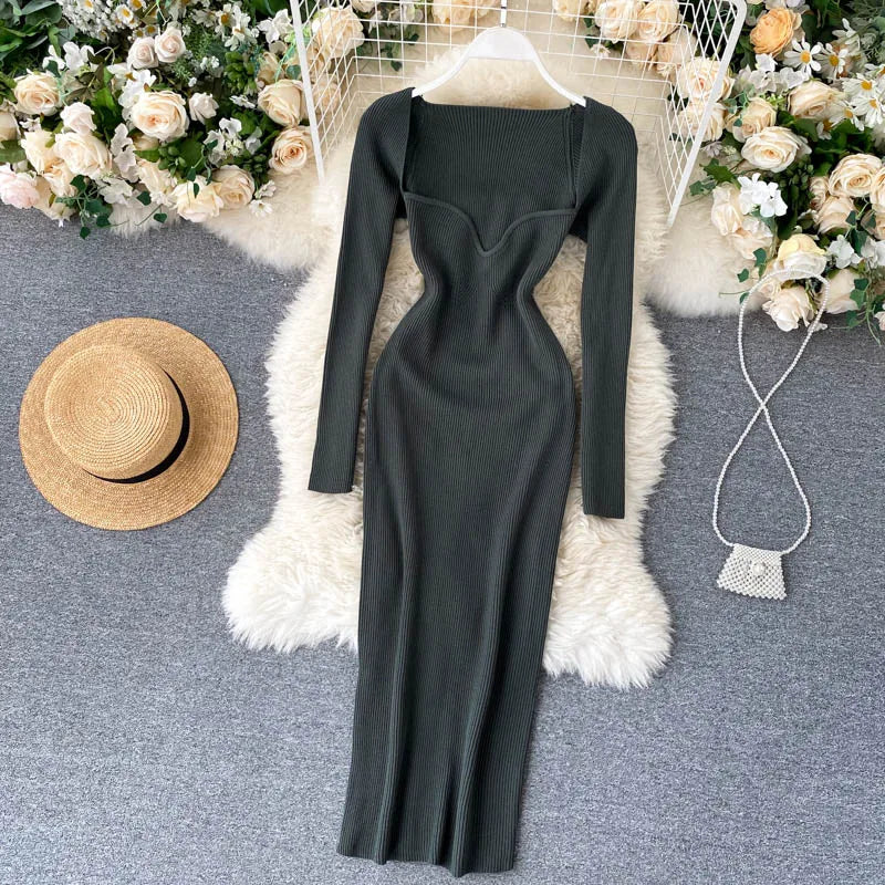Women Long Sleeve Sexy Bodycon Dress with slit Vintage French Fashion Knit v neck Vestidos Basic Tight Elegant Slim Chic Dresses