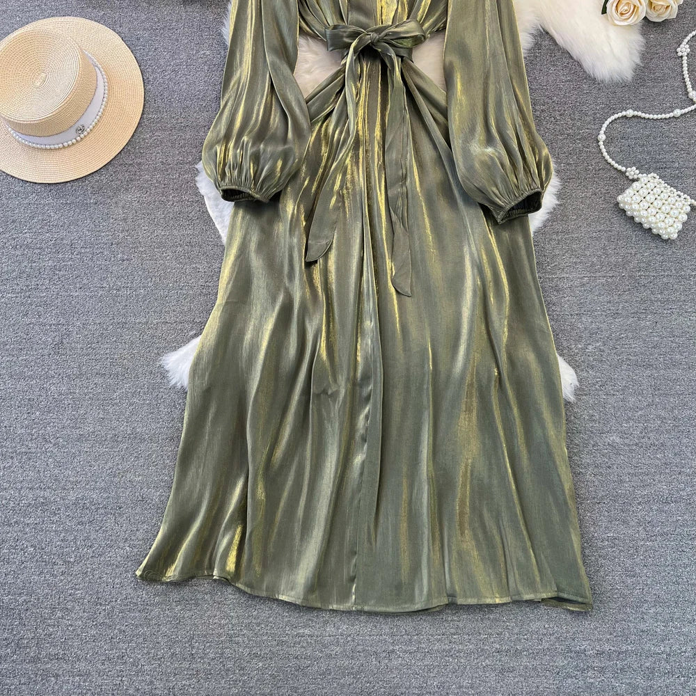 Autumn Elegant Women Fashion Party Long Dress Bow Lace Up Long Sleeve Evening Dresses A-Line Casual Vestidos One Piece Prom Robe