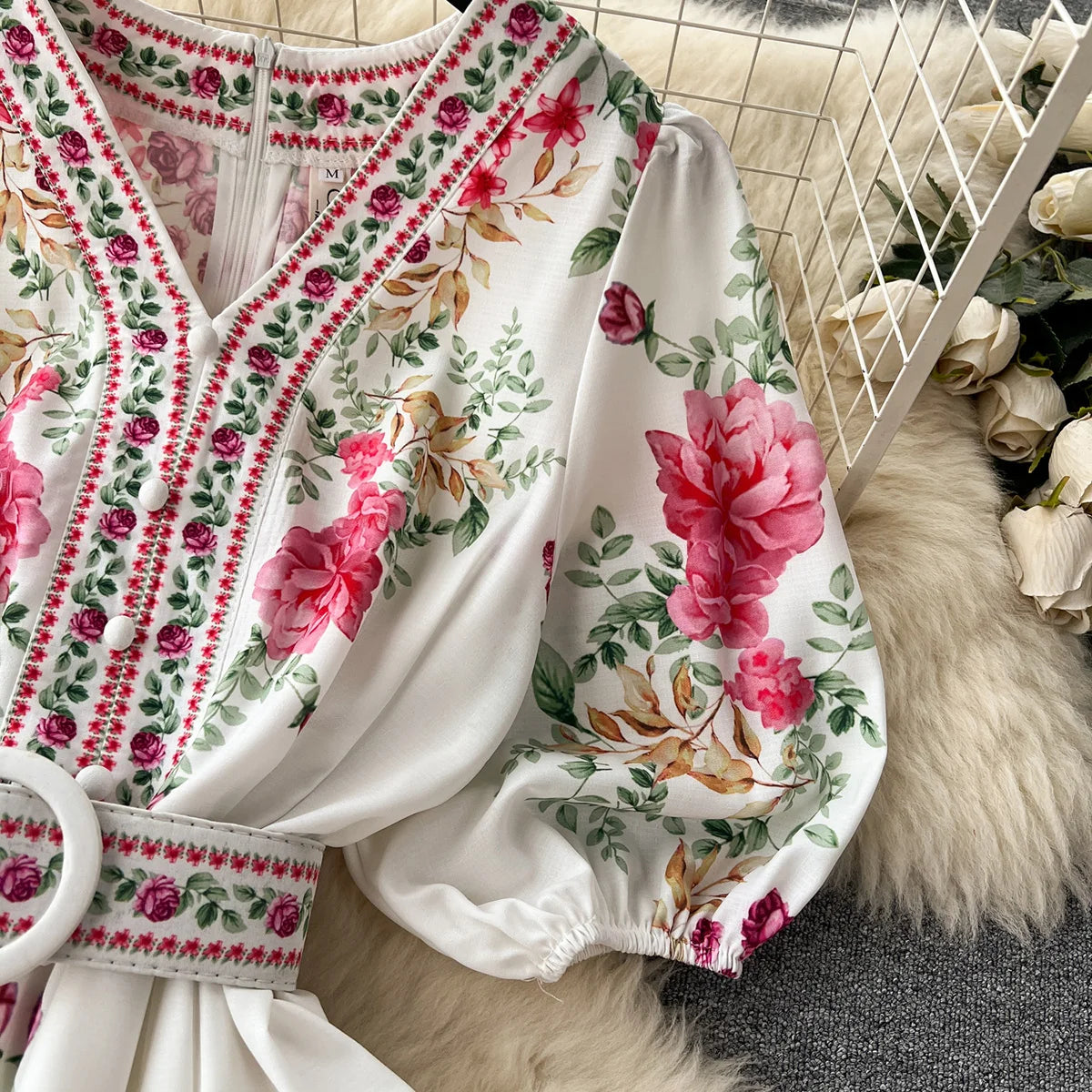 Summer Dress Women 2023 Fashion Clothing V Neck Vintage Floral Print Mini Dress Short Puff Sleeve Belted Elegant Party Dresses