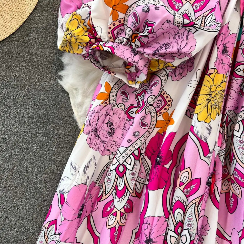 Elegant Women Casual Floral Print Party Dress Vintage Lantern Sleeve A-Line Pleated Prom Birthday Clothes Female Fashion Robe