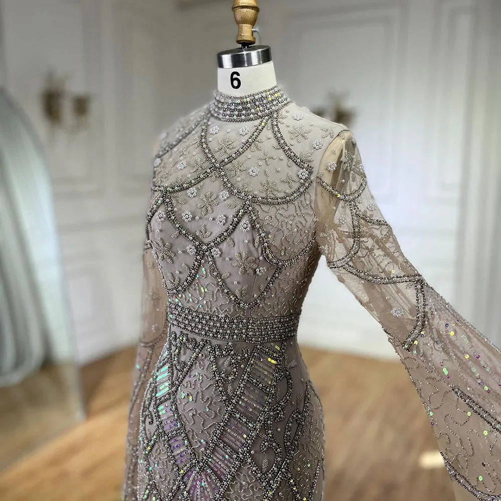 Serene Hill Muslim Grey Mermaid Elegant Nude Cape Sleeve Beaded Luxury Dubai Long Evening Dress 2024 Women's Party LA72316