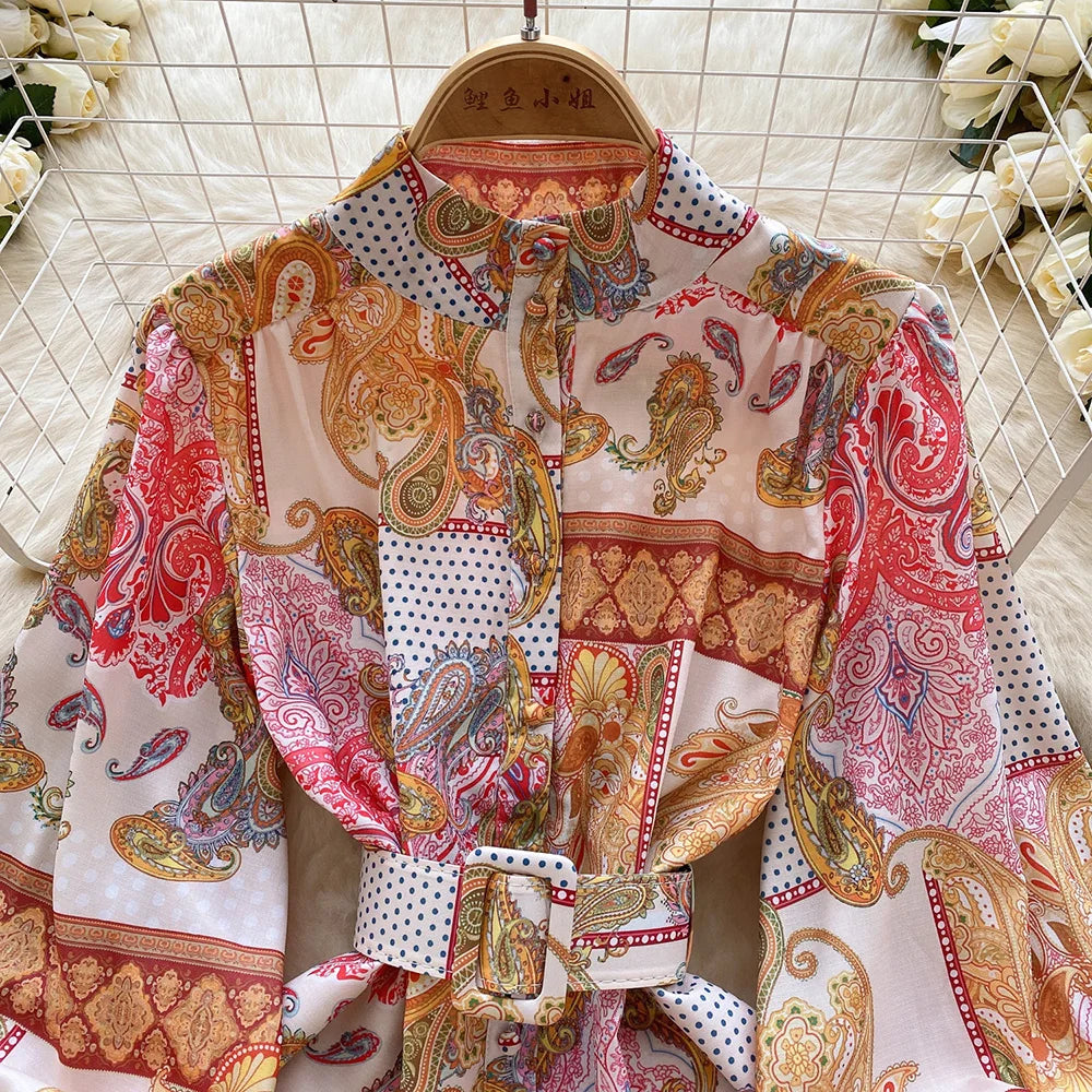 New In Dresses 2024 Spring Vintage Paisley Print Vacation Bohemian Dress Women Stand Collar Long Sleeve Mini Dress With Belt