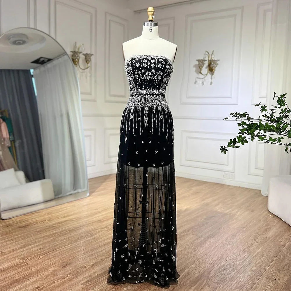 Serene Hill Black Sexy Off the Shoulder Puff Sleeves Evening Dresses Beaded Overskirt Mermaid Party Gown For Women 2023 BLA72002
