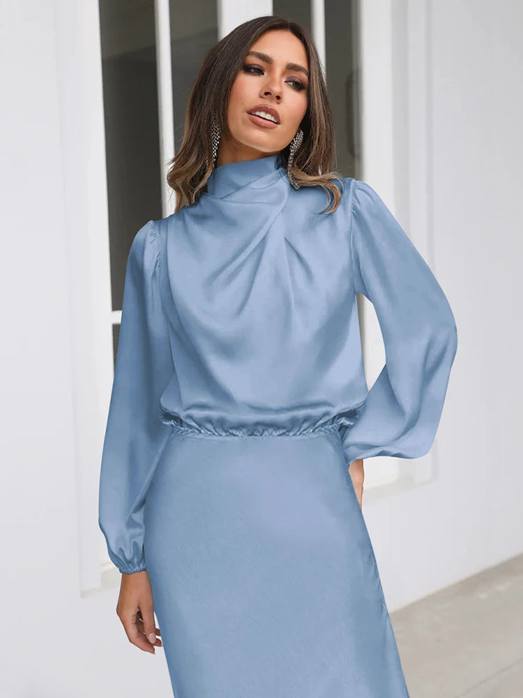 Spring Summer New High-End Satin Long Sleeved Dress Women's Ladylike Elegant Evening Dress Party Clothes Celebrity Dresses