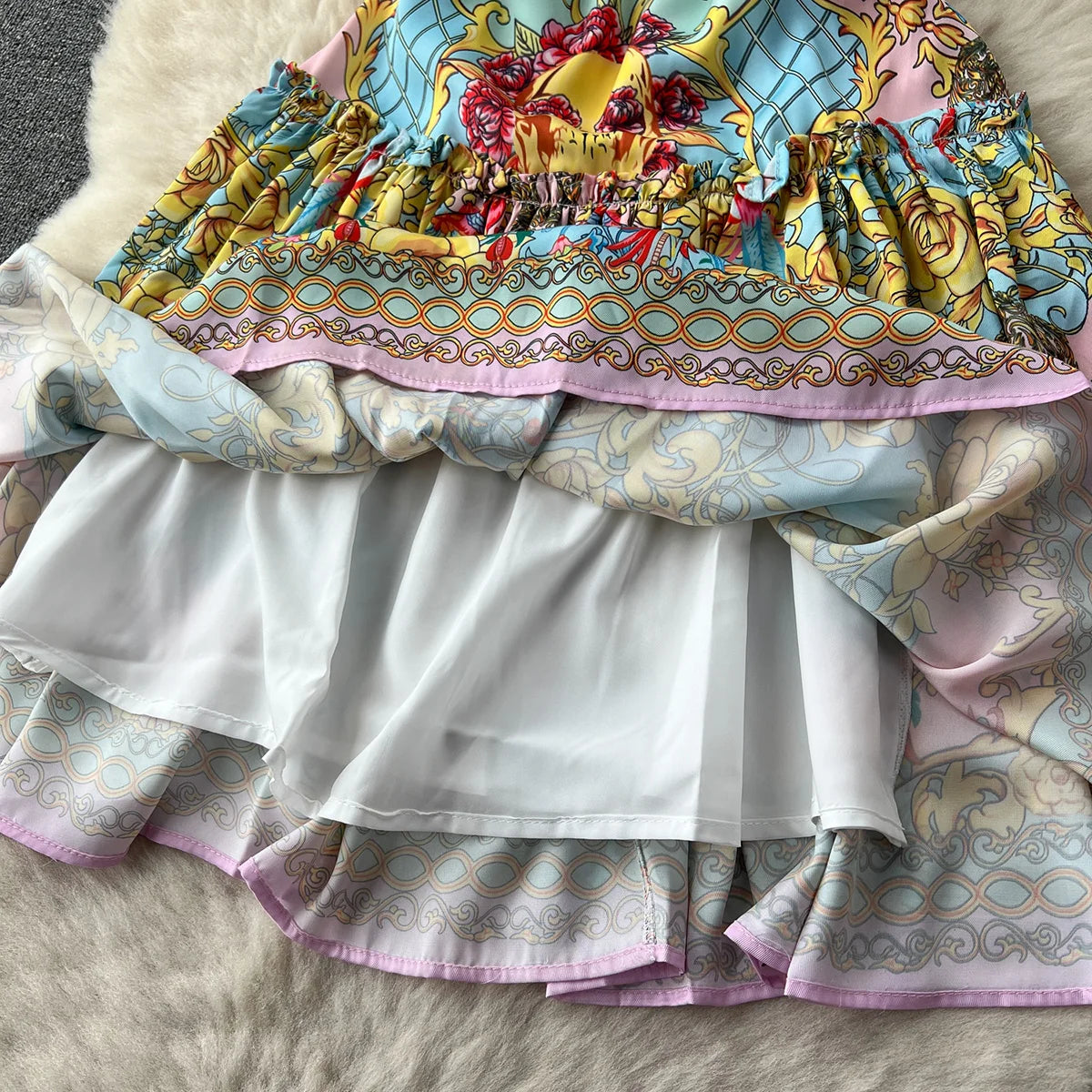 Women Elegant Vintage Print Dress 2023 Layered Ruffle Straight Neckline Strap Off Shoulder Dress For Holiday Summer Mini Dress