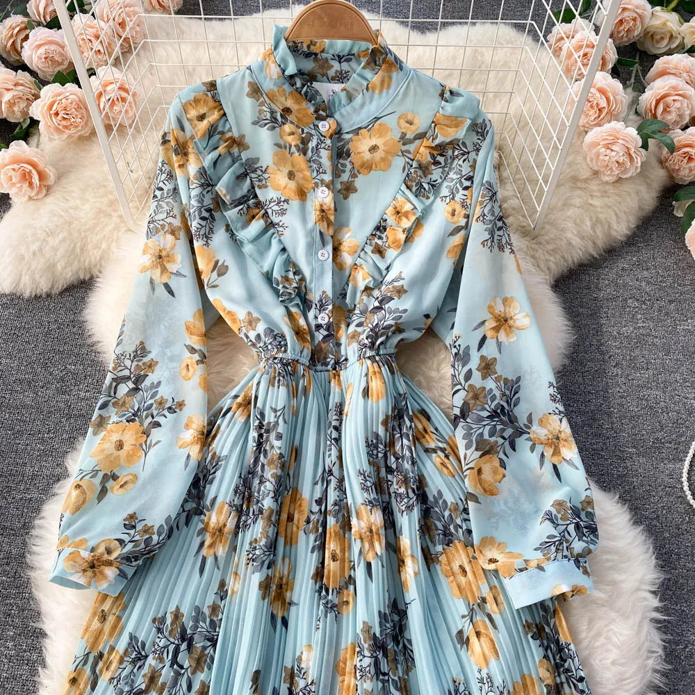 Retro Floral Print Pleated Elegant Chiffon Maxi Dress A-line Fashion Beach Vacation Party Dress Women Summer Spring Vestidos