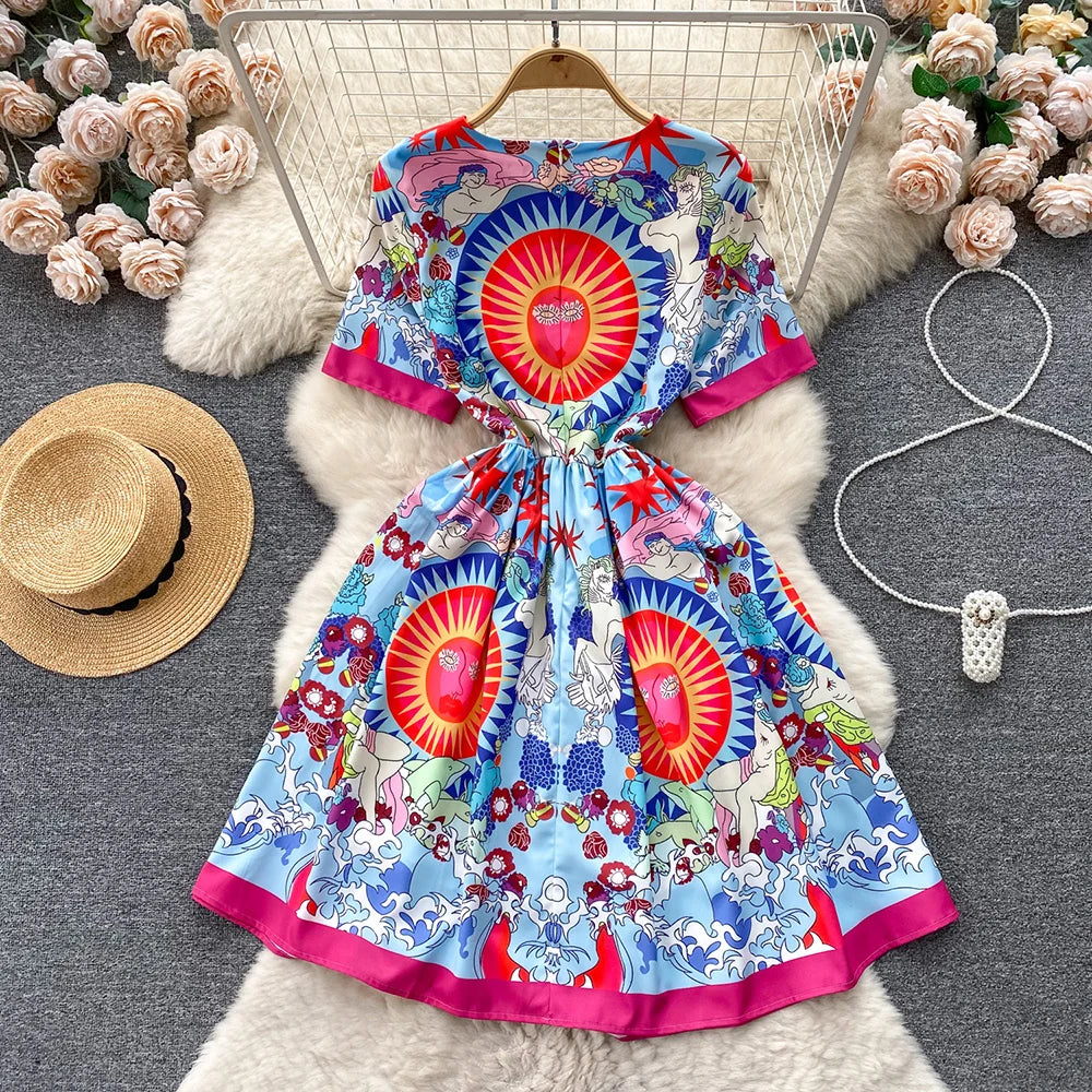 Fashion Vintage Print Summer Dresses For Women 2024 Round Neck Short Sleeve Mini Dress Elegant Party Dresses Womens Clothing