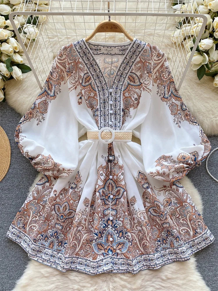 Holiday Dress For Women 2024 Bohemian Vintage Paisley Print Dress Spring 3/4 Sleeve V Neck Elegant Party Short Dresses With Belt