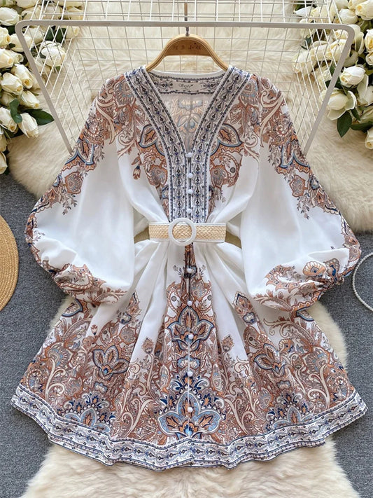 Holiday Dress For Women 2024 Bohemian Vintage Paisley Print Dress Spring 3/4 Sleeve V Neck Elegant Party Short Dresses With Belt