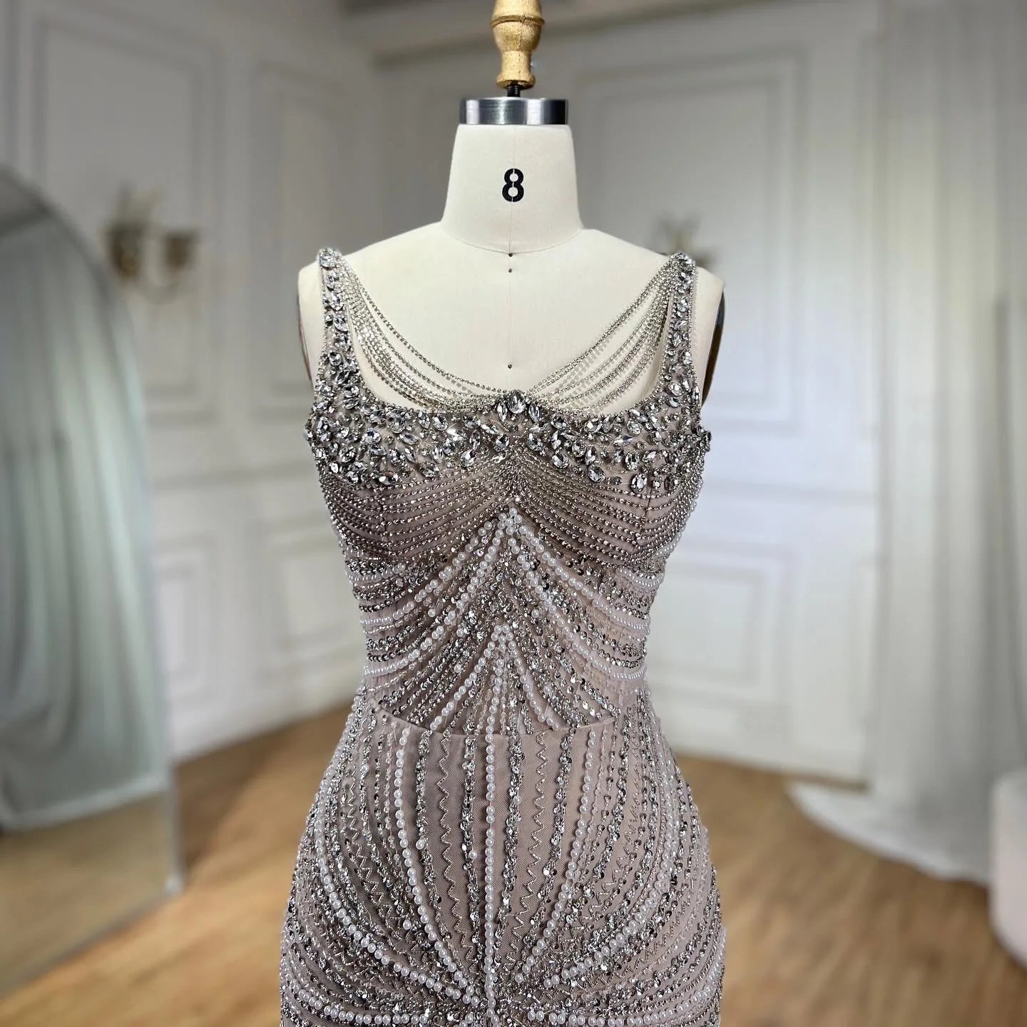 SERENE HILL 2024 Arabic Nude Spaghetti Strap Mermaid Luxury Beaded Evening Dresses Gowns For Women Wedding Party GLA72356
