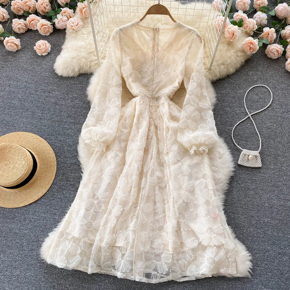 Elegant and Chic Women Fashion Lace Midi Party Dress Spring Vintage A-Line Solid Birthday Prom Vestidos Female Clothes Robe New