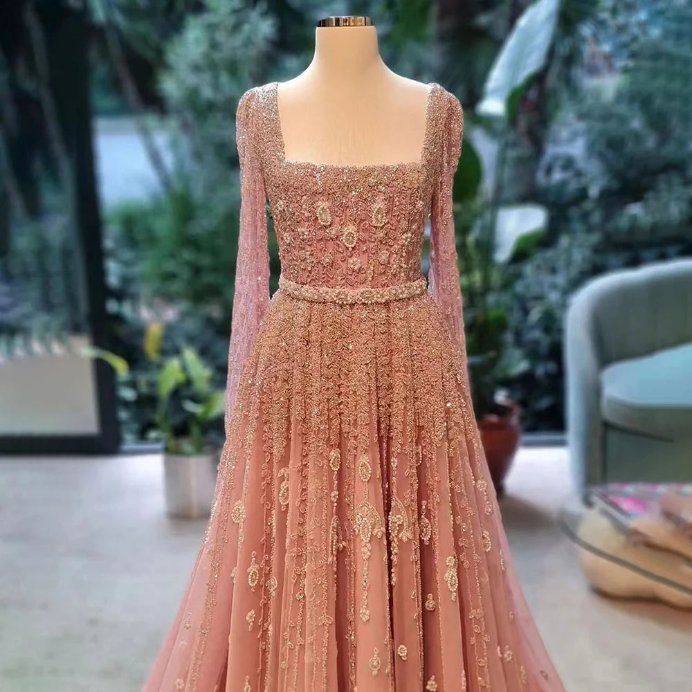 Serene Hill 2024 Muslim Pink A Line Beaded Elegant Cape Sleeve Luxury Evening Dresses Gowns For Women Wedding Party LA71803A
