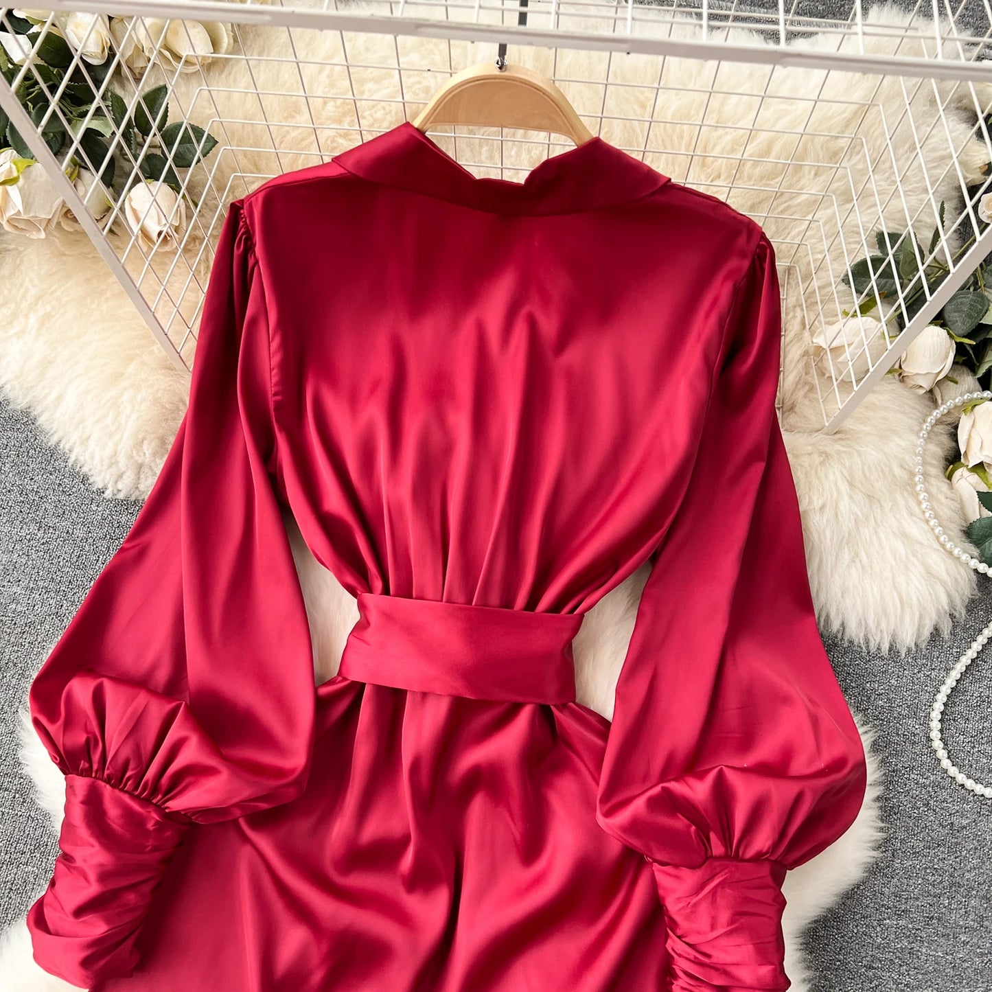Women Elegant Satin Dress Summer Bandage High Waisted Ruffled Irregular Blazer Dresses Ladies A-line Vintage Party Long Robe