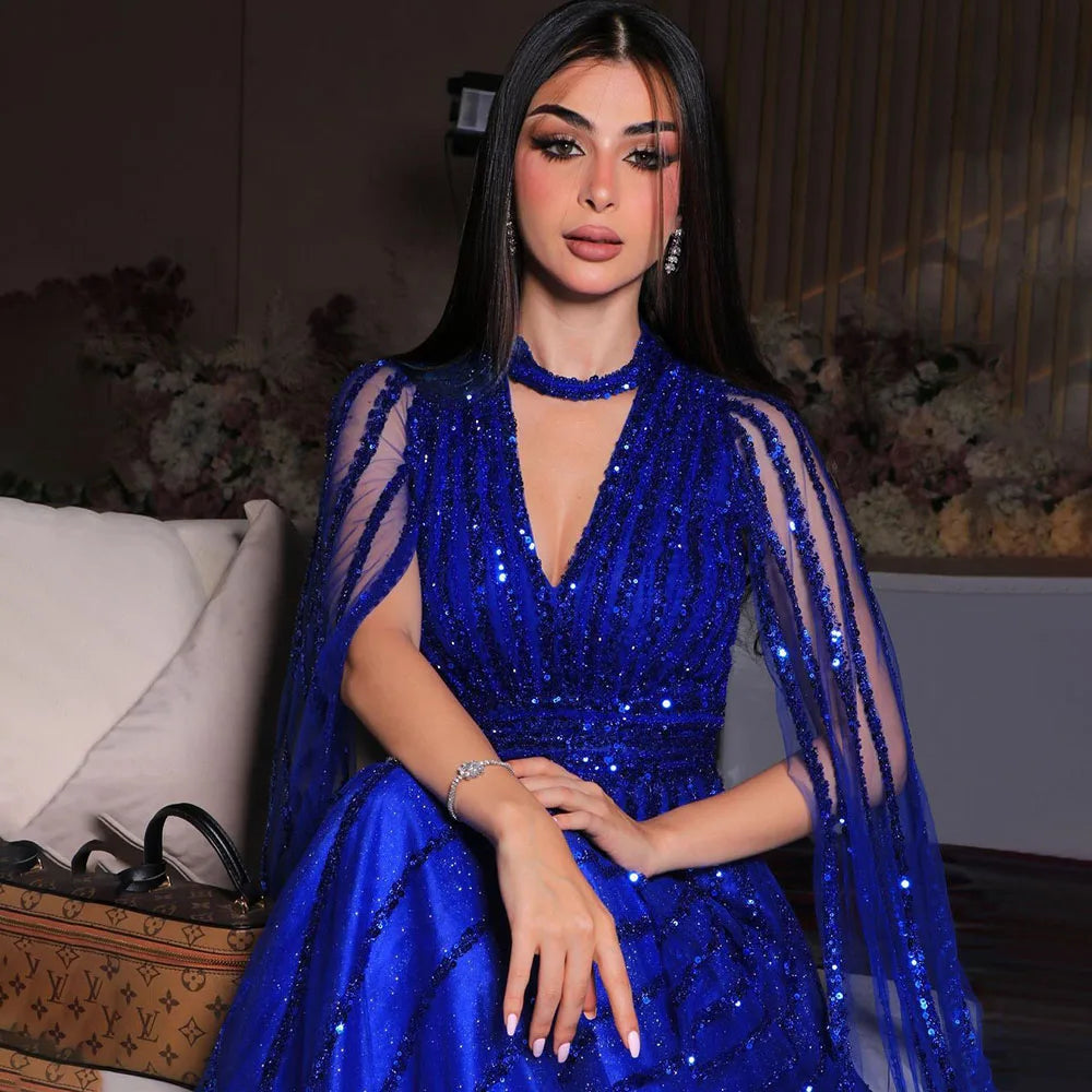 SERENE HILL 2024 Arabic Caramel A-Line Cape Sleeves Beaded Evening Dresses Luxury Gowns For Women Wedding Party GLA72171