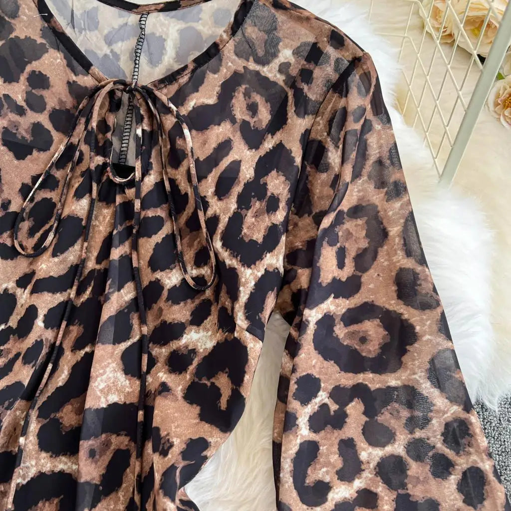 Autumn Elegant Women Leopard Print Long Sleeve Dress Casual Loose A-Line Slit Evening Dresses New Fashion Vintage Vestido Mujers