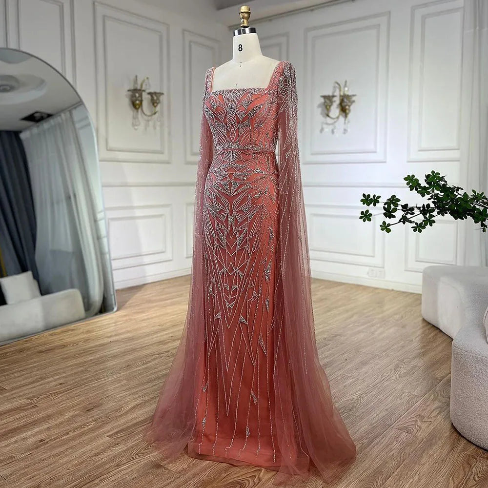 Serene Hill Arabic Pink Cape Sleeves Mermaid Dubai Evening Dresses Beaded Luxury Wedding Party Gowns For Women 2024 LA72261