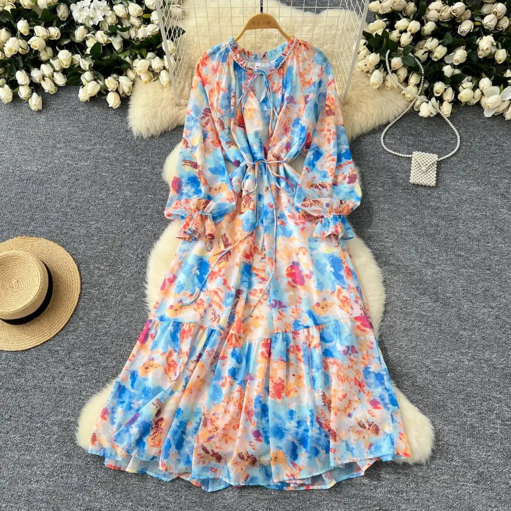 Elegant Floral Print Party Dress for Women French O-Neck Embroidered Flares Lace Up Lantern Long Sleeves Chiffon Long Dresses