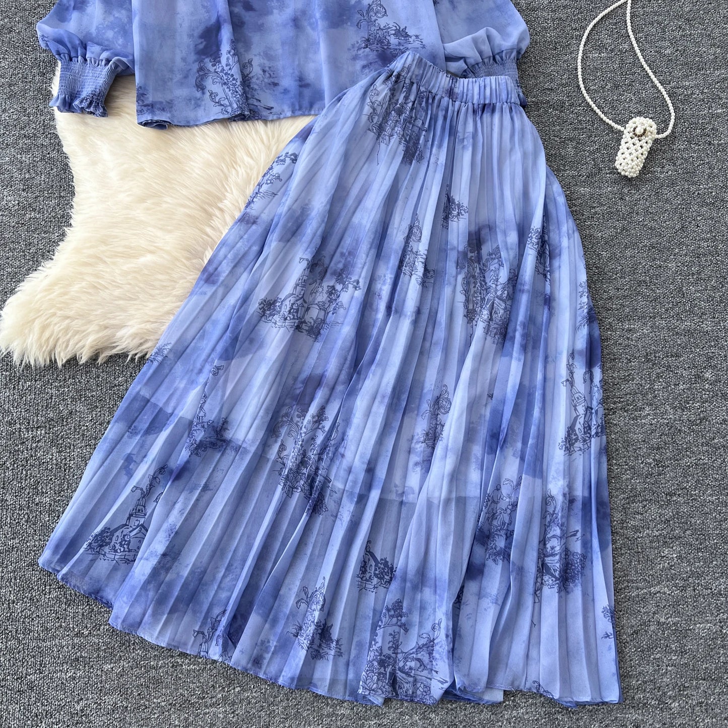 Women Chic Print Sweet Two Pieces Sets Bow Lantern Long Sleeve Top  High Waitst Wide Skirt Fashion Summer Sets