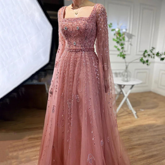 Serene Hill 2024 Muslim Pink A Line Beaded Elegant Cape Sleeve Luxury Evening Dresses Gowns For Women Wedding Party LA71803A