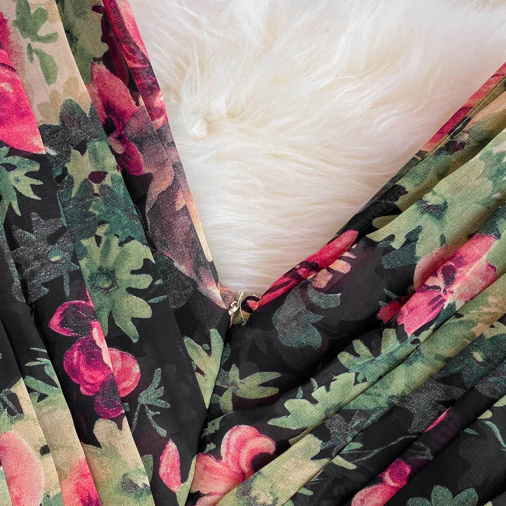 Elegant Evening Party Dress Women Sexy V-neck Floral Printed A-line Long Dresses Ladies Sleeveless Slim A-line Chiffon Long Robe