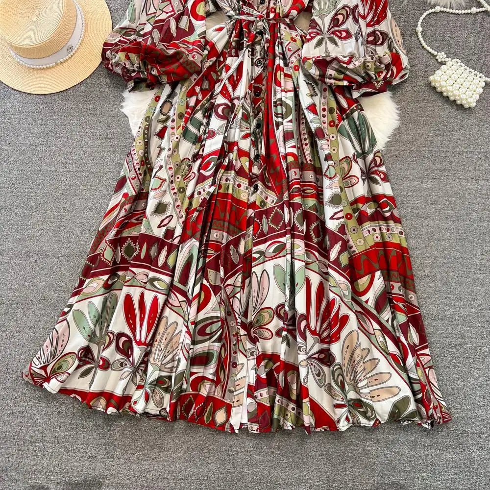 Elegant Women Casual Floral Print Party Dress Vintage Lantern Sleeve A-Line Pleated Prom Birthday Clothes Female Fashion Robe