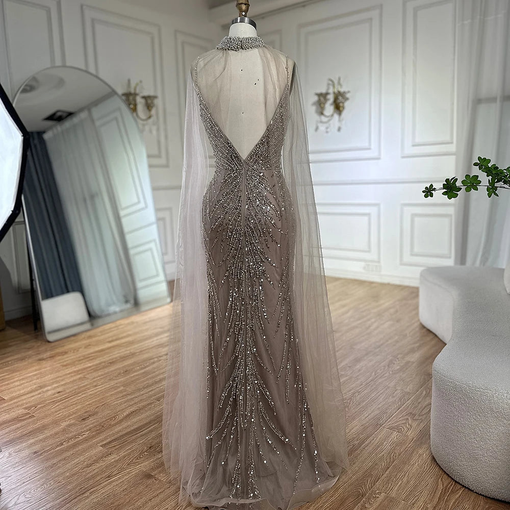 Serene Hill Spaghetti Strap Long Cloak Mermaid Caramel Beaded  Luxury Evening Dresses Gowns for Women's Party 2024 LA72768