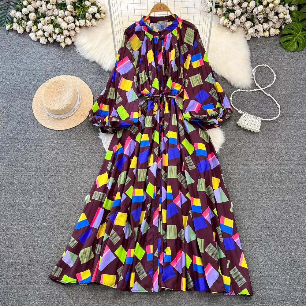Elegant Women Casual Floral Print Party Dress Vintage Lantern Sleeve A-Line Pleated Prom Birthday Clothes Female Fashion Robe