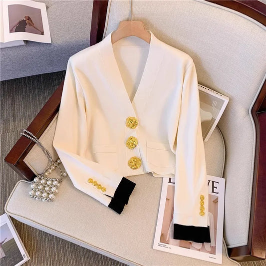 Vintage Trendy V-neck Cardigan for Spring and Autumn New Women Long Sleeve Sweater Jacket Elegant Chic Knitted Thin Coat Female