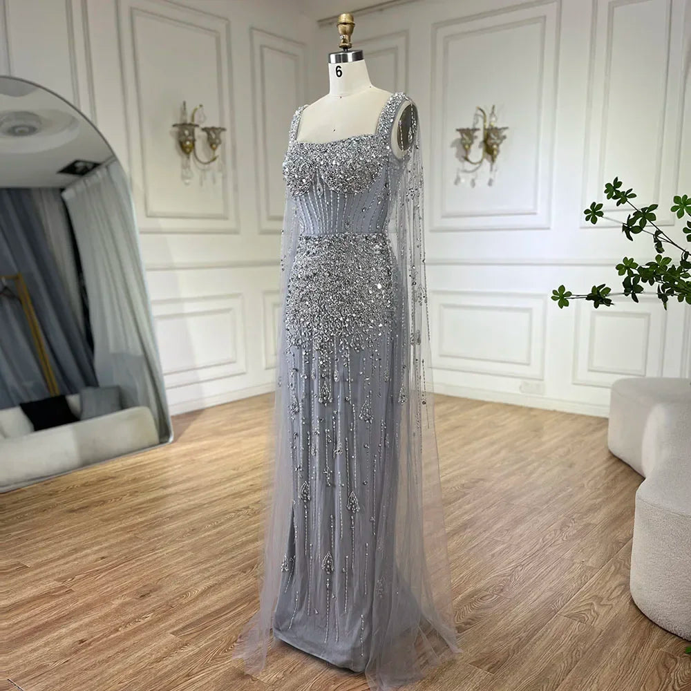 Serene Hill Arabic Gray Mermaid Beaded Luxury Dubai Long Evening Gown with Cape Sleeves Elegant for Women - Party 2024 BLA72592
