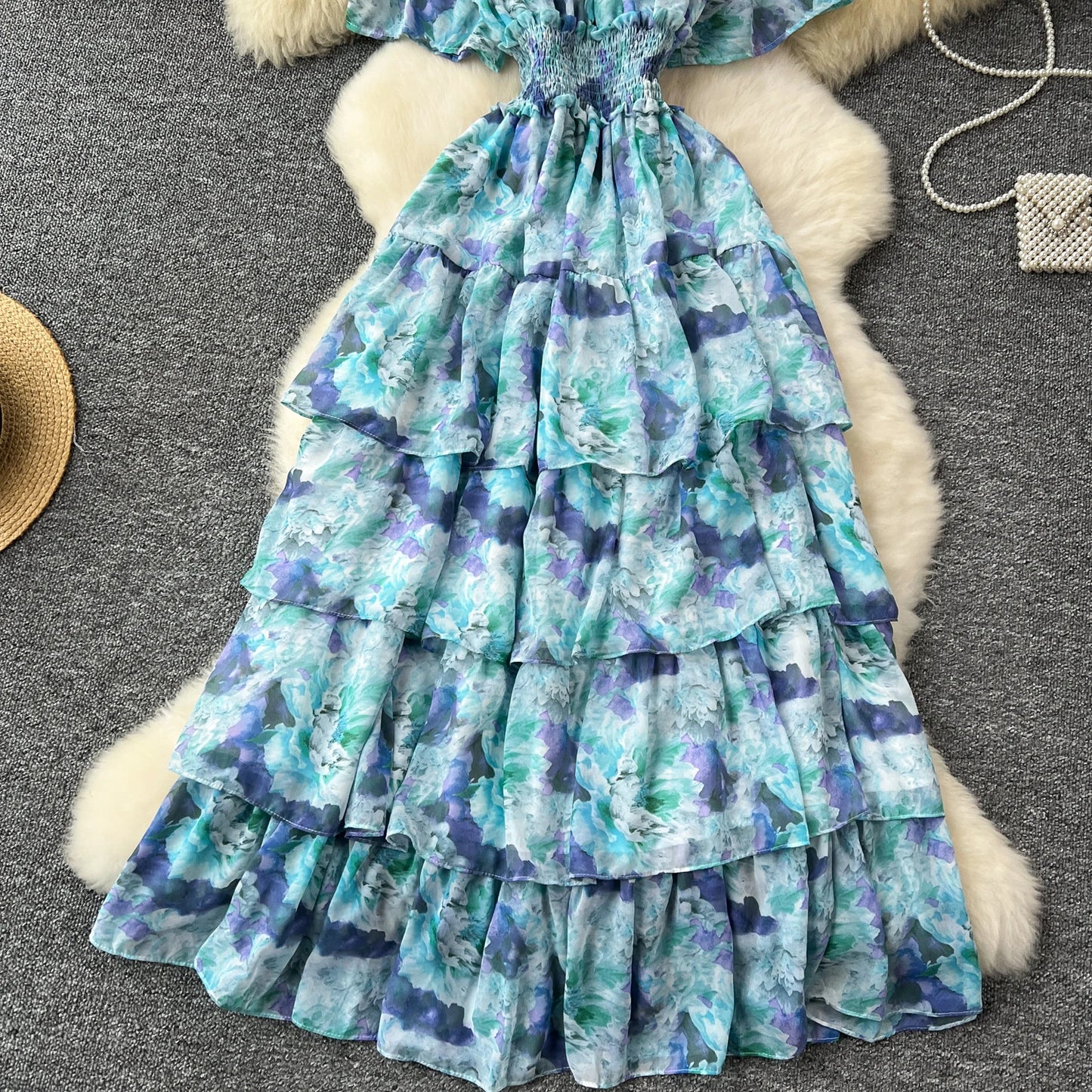 French Vintage  off shoulder short sleeve ruffle Dress Chic Casual Beach Vacation Women Summer chiffon dresses