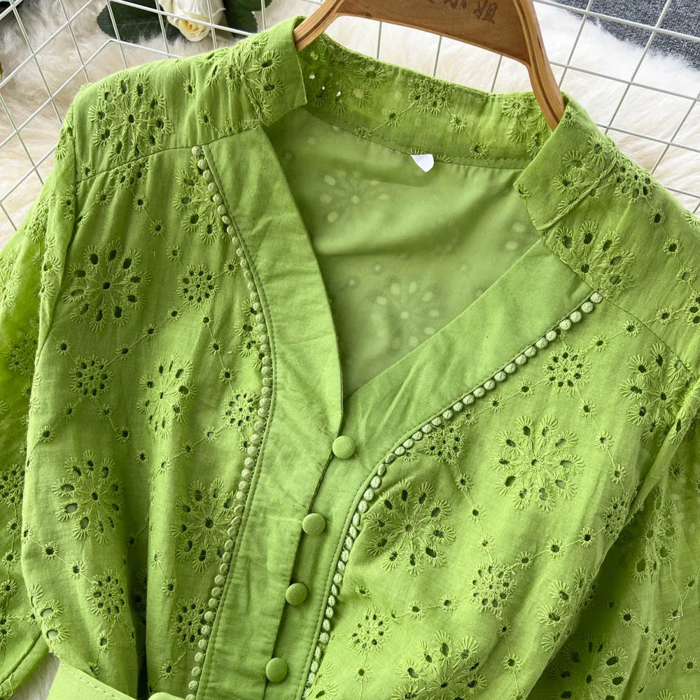 Summer V-neck Hollow Out Dress Women Bubble Sleeves Loose Embroidered Ruffle Edge Long Dresses Ladies Elegant Casual Long Robe